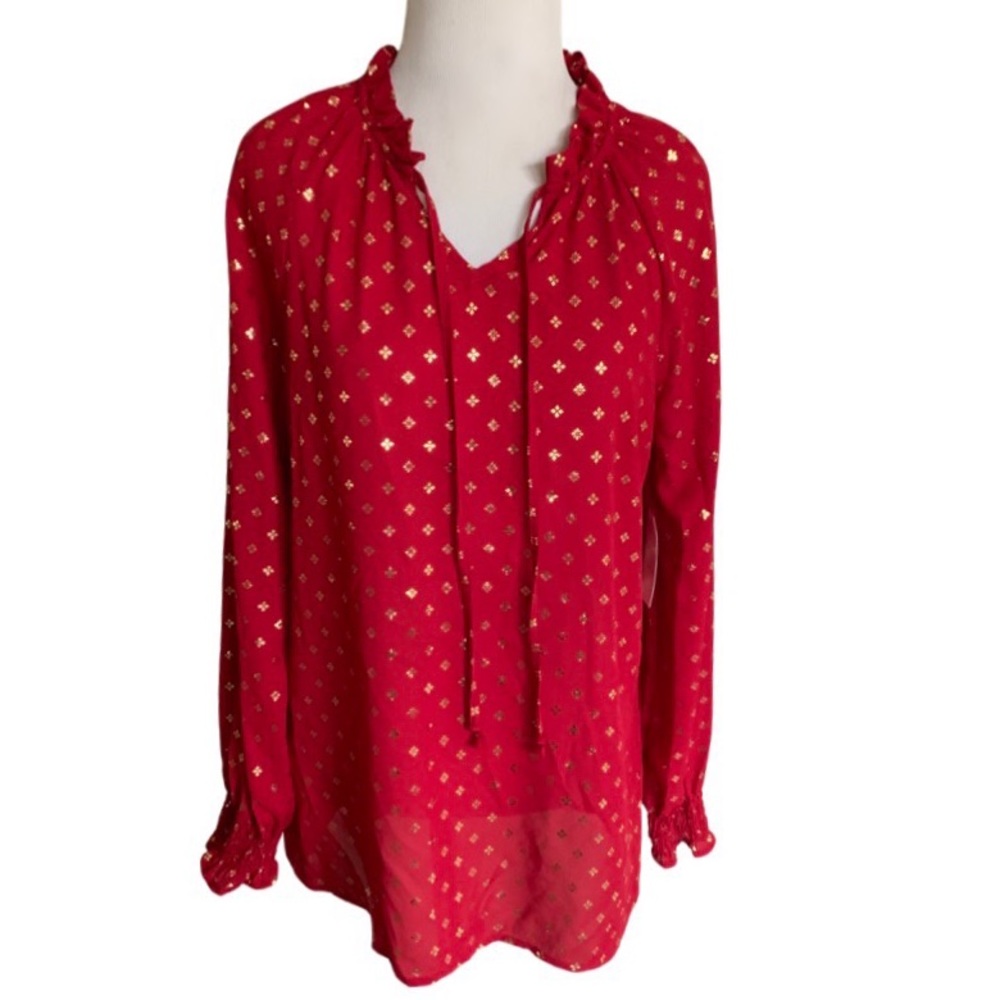NWT Red Foil Ruffle Relaxed Fit Smocked Peasant Edwardian Holiday Blouse Sz Med - Picture 6 of 14